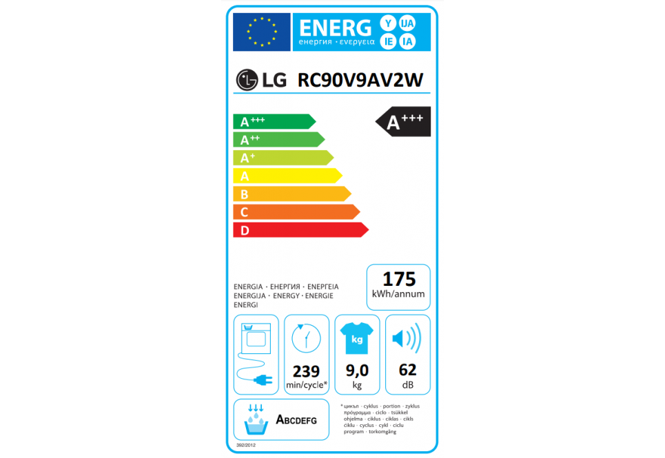 Classe energetica LG Asciugatrice ECOHYBRID, Libera installazione, Classe energetica A+++, Capacità di carico 9 Kg  -  RC90V9AV2W