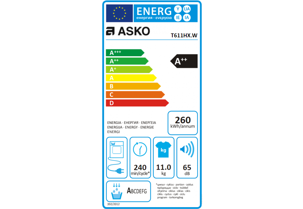 Classe energetica ASKO  Asciugatrice a Pompa di Calore, Linea Style, Capacità 11 Kg, Classe Energetica A++, Bianco  -  T611HX.W - RICHIEDERE PREVENTIVO