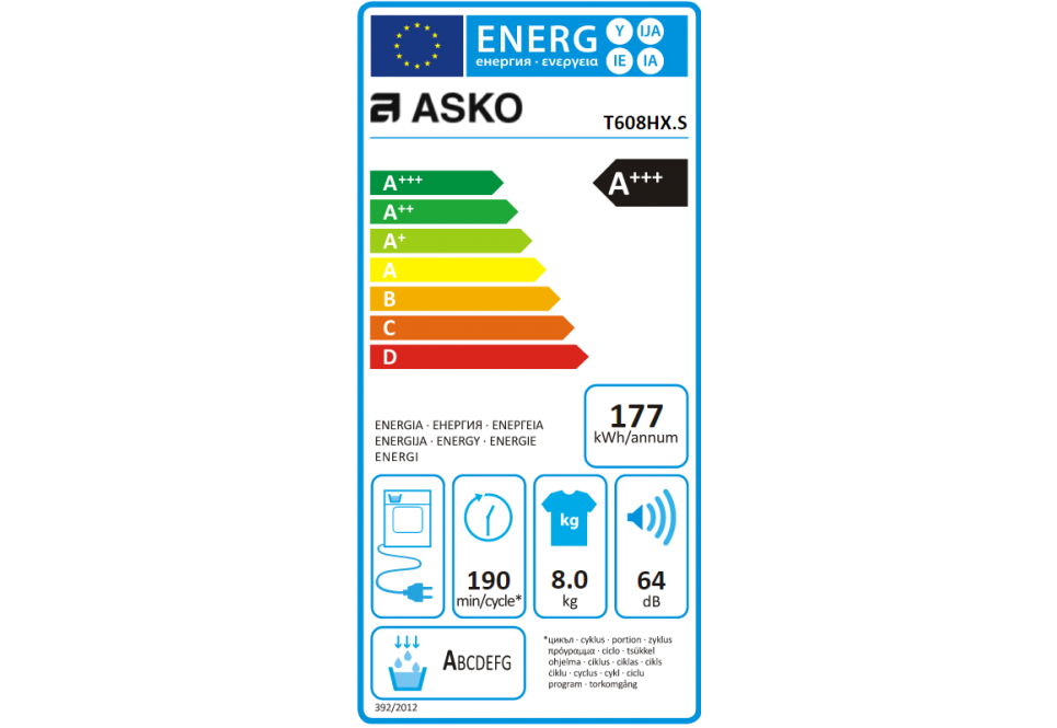 Classe energetica ASKO  Asciugatrice a Pompa di Calore, Linea Style, Capacità 8 Kg, Classe Energetica A+++, Acciaio Inox  -  T608HX.S - RICHIEDERE PREVENTIVO