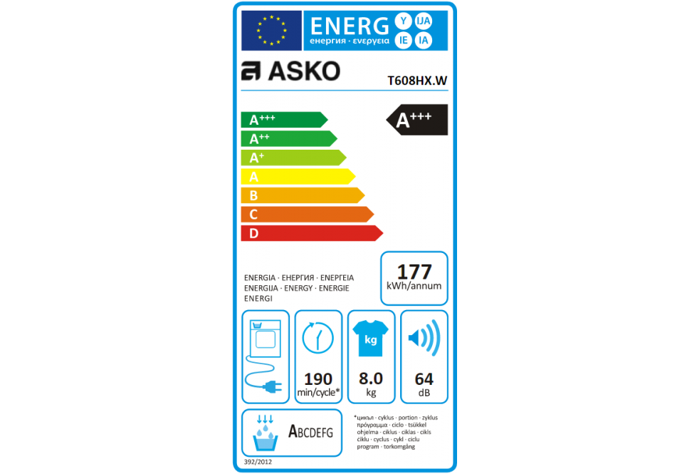 Classe energetica ASKO  Asciugatrice a Pompa di Calore, Linea Style, Capacità 8 Kg, Classe Energetica A+++, Bianco  -  T608HX.W - RICHIEDERE PREVENTIVO