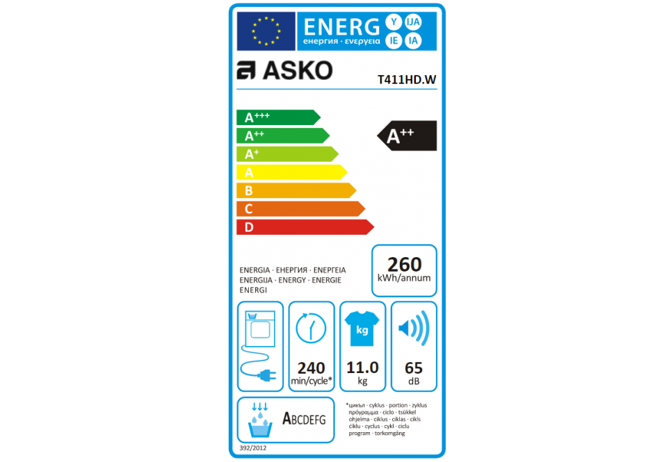 Classe energetica ASKO  Asciugatrice a Pompa di Calore, Linea Logic, Capacità 11 Kg, Classe Energetica A++, Bianco  -  T411HD.W - RICHIEDERE PREVENTIVO