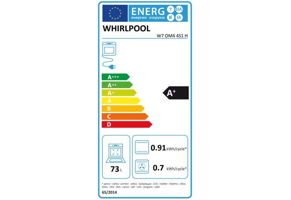 Classe energetica WHIRLPOOL  Forno Elettrico Multifunzione, Linea W COLLECTION, Capacità 73 Lt, Classe Energetica A+, Acciaio Inox + Vetro Nero  -  W7OM44S1H